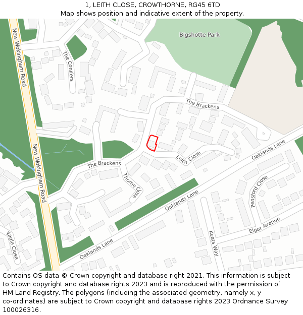 1, LEITH CLOSE, CROWTHORNE, RG45 6TD: Location map and indicative extent of plot