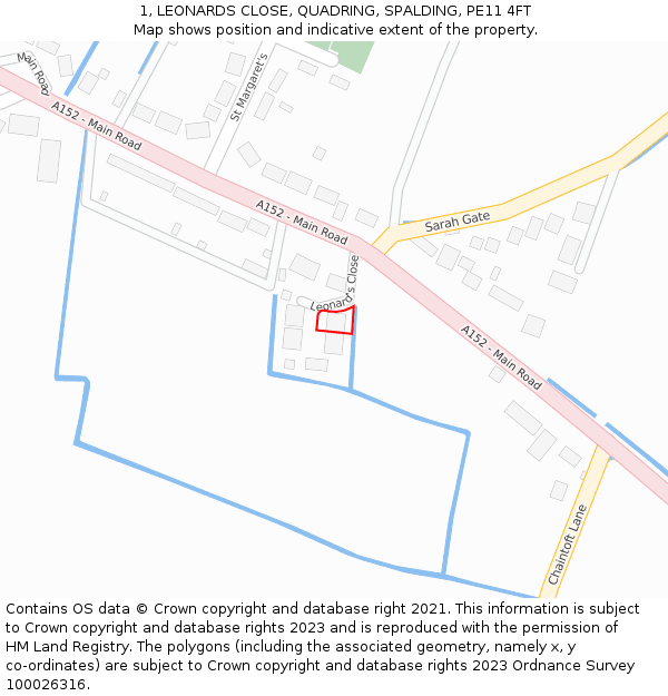 1, LEONARDS CLOSE, QUADRING, SPALDING, PE11 4FT: Location map and indicative extent of plot
