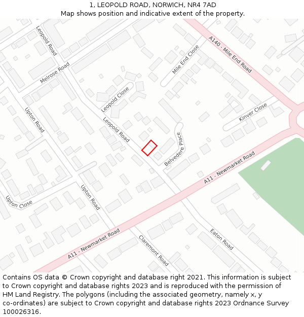 1, LEOPOLD ROAD, NORWICH, NR4 7AD: Location map and indicative extent of plot