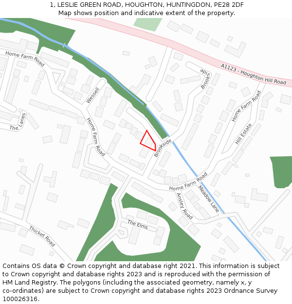 1, LESLIE GREEN ROAD, HOUGHTON, HUNTINGDON, PE28 2DF: Location map and indicative extent of plot