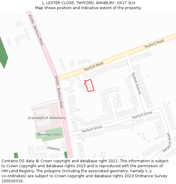 1, LESTER CLOSE, TWYFORD, BANBURY, OX17 3LH: Location map and indicative extent of plot