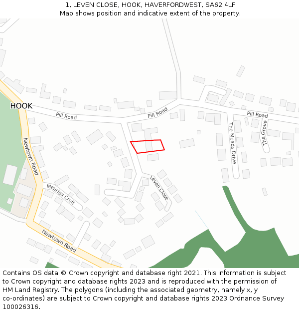 1, LEVEN CLOSE, HOOK, HAVERFORDWEST, SA62 4LF: Location map and indicative extent of plot