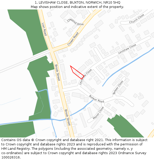 1, LEVISHAW CLOSE, BUXTON, NORWICH, NR10 5HQ: Location map and indicative extent of plot