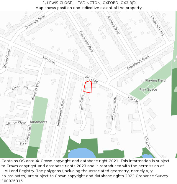 1, LEWIS CLOSE, HEADINGTON, OXFORD, OX3 8JD: Location map and indicative extent of plot