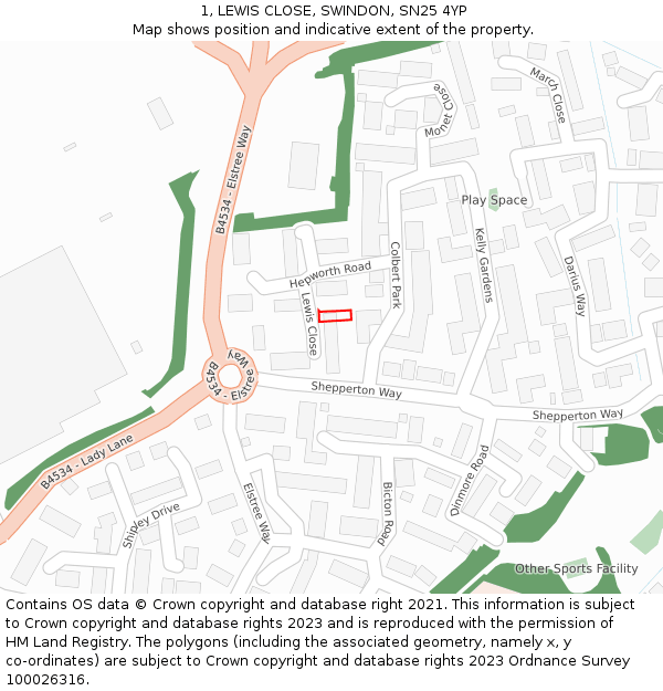 1, LEWIS CLOSE, SWINDON, SN25 4YP: Location map and indicative extent of plot