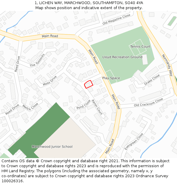 1, LICHEN WAY, MARCHWOOD, SOUTHAMPTON, SO40 4YA: Location map and indicative extent of plot