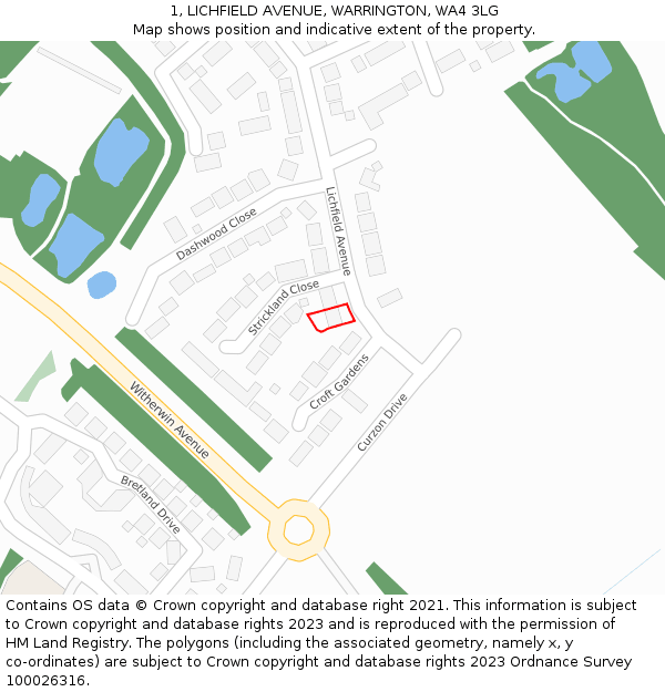 1, LICHFIELD AVENUE, WARRINGTON, WA4 3LG: Location map and indicative extent of plot