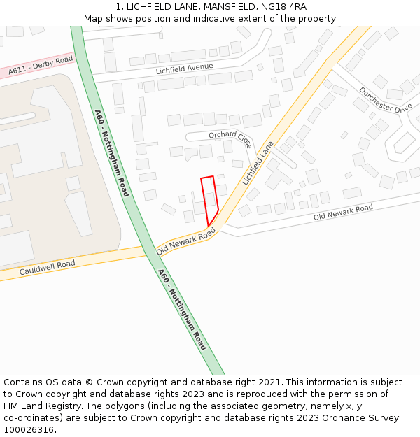 1, LICHFIELD LANE, MANSFIELD, NG18 4RA: Location map and indicative extent of plot
