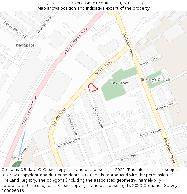 1, LICHFIELD ROAD, GREAT YARMOUTH, NR31 0EQ: Location map and indicative extent of plot