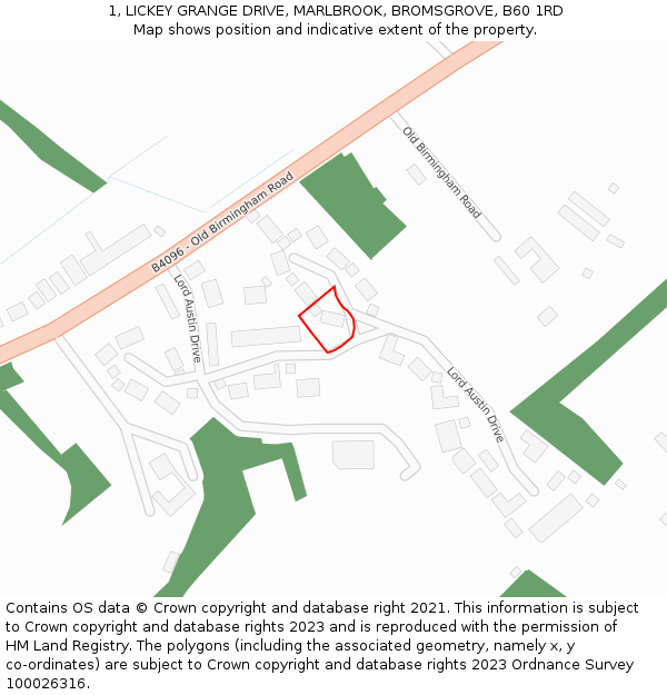 1, LICKEY GRANGE DRIVE, MARLBROOK, BROMSGROVE, B60 1RD: Location map and indicative extent of plot