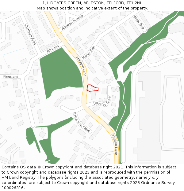 1, LIDGATES GREEN, ARLESTON, TELFORD, TF1 2NL: Location map and indicative extent of plot