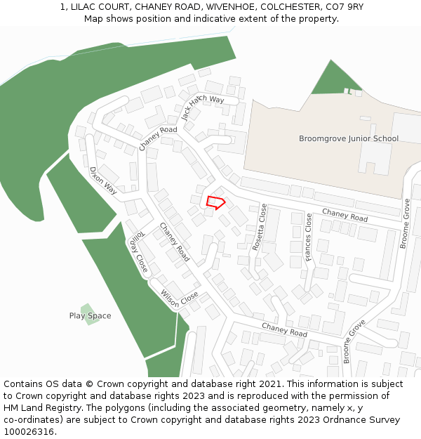 1, LILAC COURT, CHANEY ROAD, WIVENHOE, COLCHESTER, CO7 9RY: Location map and indicative extent of plot