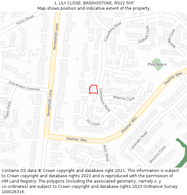 1, LILY CLOSE, BASINGSTOKE, RG22 5NT: Location map and indicative extent of plot