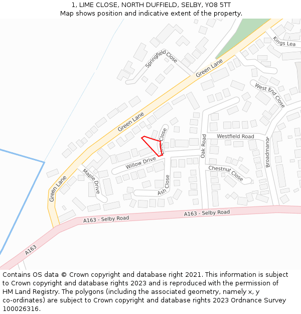 1, LIME CLOSE, NORTH DUFFIELD, SELBY, YO8 5TT: Location map and indicative extent of plot