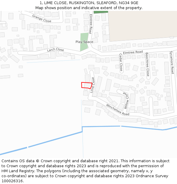 1, LIME CLOSE, RUSKINGTON, SLEAFORD, NG34 9GE: Location map and indicative extent of plot