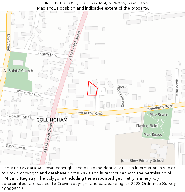 1, LIME TREE CLOSE, COLLINGHAM, NEWARK, NG23 7NS: Location map and indicative extent of plot