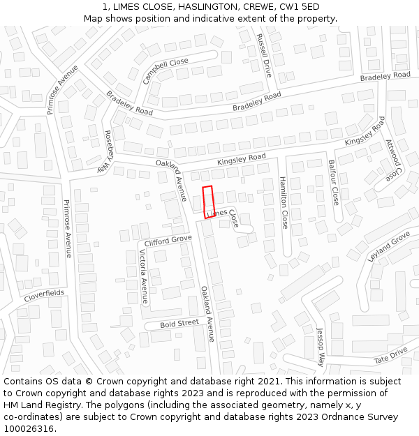 1, LIMES CLOSE, HASLINGTON, CREWE, CW1 5ED: Location map and indicative extent of plot