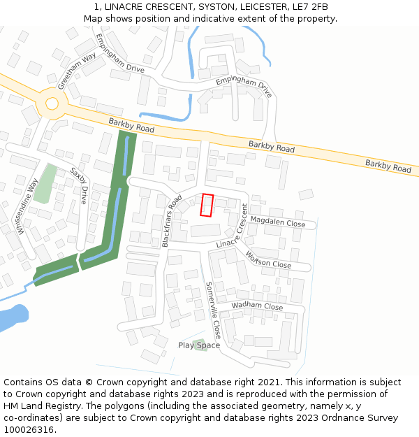 1, LINACRE CRESCENT, SYSTON, LEICESTER, LE7 2FB: Location map and indicative extent of plot