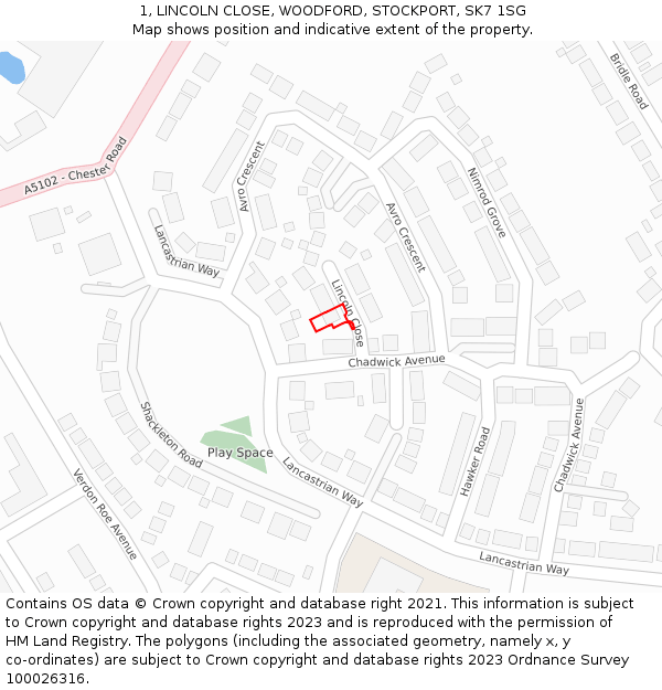 1, LINCOLN CLOSE, WOODFORD, STOCKPORT, SK7 1SG: Location map and indicative extent of plot