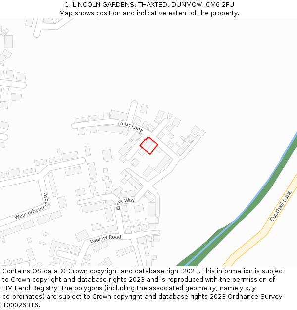 1, LINCOLN GARDENS, THAXTED, DUNMOW, CM6 2FU: Location map and indicative extent of plot