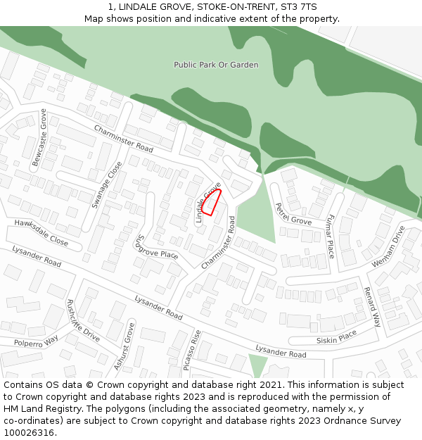 1, LINDALE GROVE, STOKE-ON-TRENT, ST3 7TS: Location map and indicative extent of plot