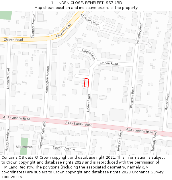 1, LINDEN CLOSE, BENFLEET, SS7 4BD: Location map and indicative extent of plot