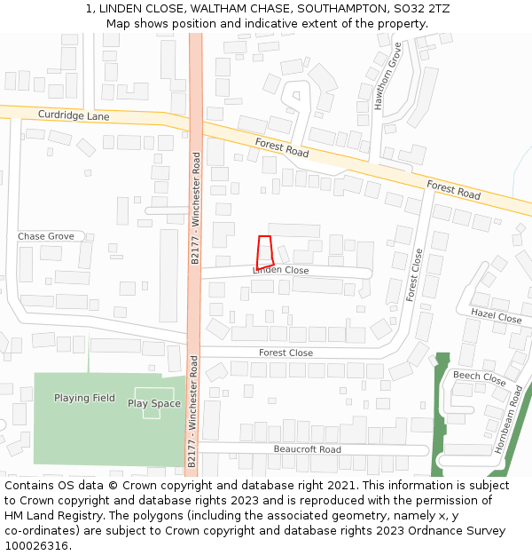 1, LINDEN CLOSE, WALTHAM CHASE, SOUTHAMPTON, SO32 2TZ: Location map and indicative extent of plot