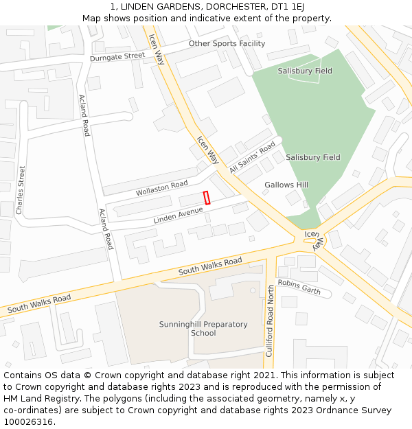 1, LINDEN GARDENS, DORCHESTER, DT1 1EJ: Location map and indicative extent of plot