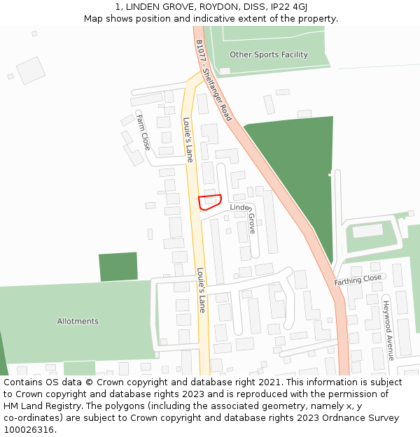 1, LINDEN GROVE, ROYDON, DISS, IP22 4GJ: Location map and indicative extent of plot