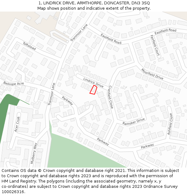 1, LINDRICK DRIVE, ARMTHORPE, DONCASTER, DN3 3SQ: Location map and indicative extent of plot