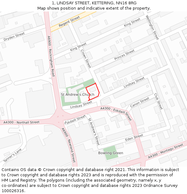 1, LINDSAY STREET, KETTERING, NN16 8RG: Location map and indicative extent of plot