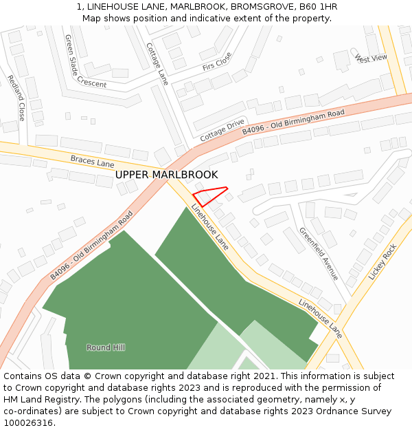 1, LINEHOUSE LANE, MARLBROOK, BROMSGROVE, B60 1HR: Location map and indicative extent of plot