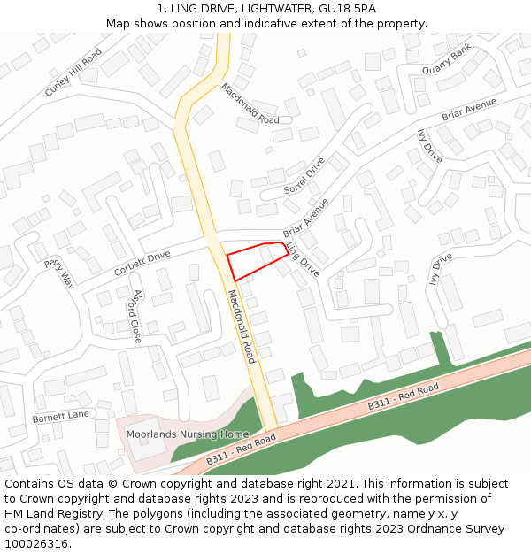 1, LING DRIVE, LIGHTWATER, GU18 5PA: Location map and indicative extent of plot