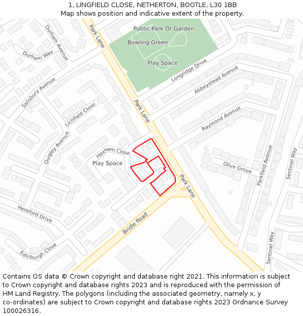 1, LINGFIELD CLOSE, NETHERTON, BOOTLE, L30 1BB: Location map and indicative extent of plot