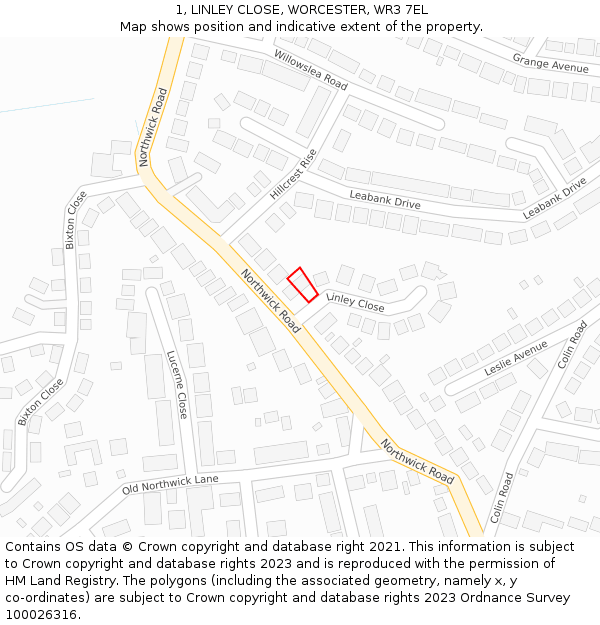 1, LINLEY CLOSE, WORCESTER, WR3 7EL: Location map and indicative extent of plot