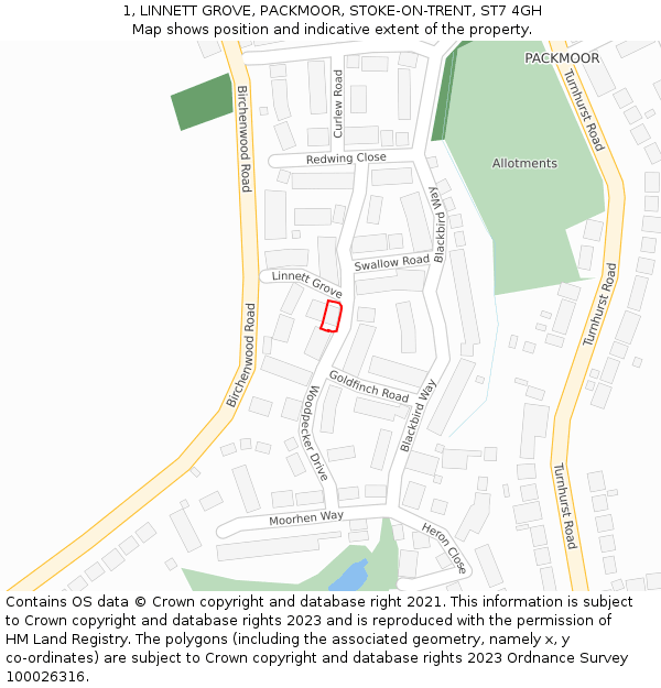 1, LINNETT GROVE, PACKMOOR, STOKE-ON-TRENT, ST7 4GH: Location map and indicative extent of plot