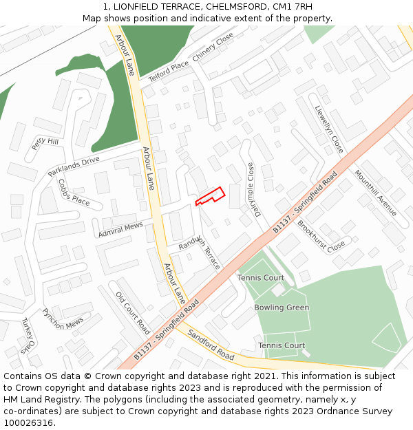 1, LIONFIELD TERRACE, CHELMSFORD, CM1 7RH: Location map and indicative extent of plot