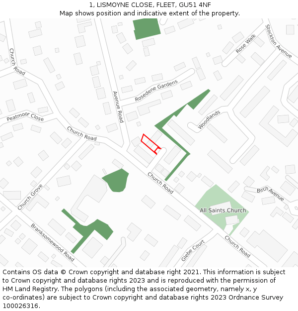1, LISMOYNE CLOSE, FLEET, GU51 4NF: Location map and indicative extent of plot