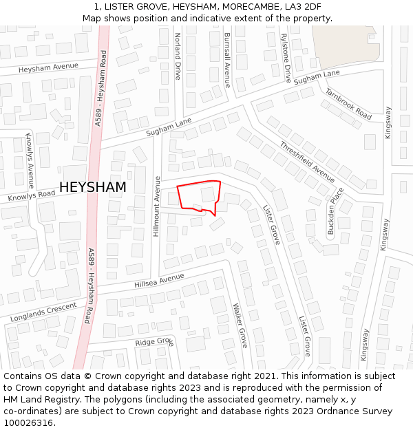 1, LISTER GROVE, HEYSHAM, MORECAMBE, LA3 2DF: Location map and indicative extent of plot
