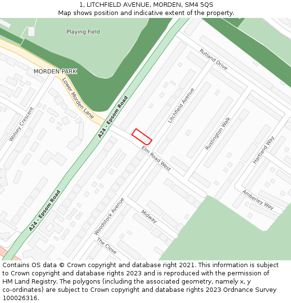 1, LITCHFIELD AVENUE, MORDEN, SM4 5QS: Location map and indicative extent of plot