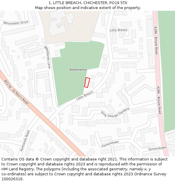 1, LITTLE BREACH, CHICHESTER, PO19 5TX: Location map and indicative extent of plot