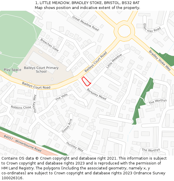 1, LITTLE MEADOW, BRADLEY STOKE, BRISTOL, BS32 8AT: Location map and indicative extent of plot