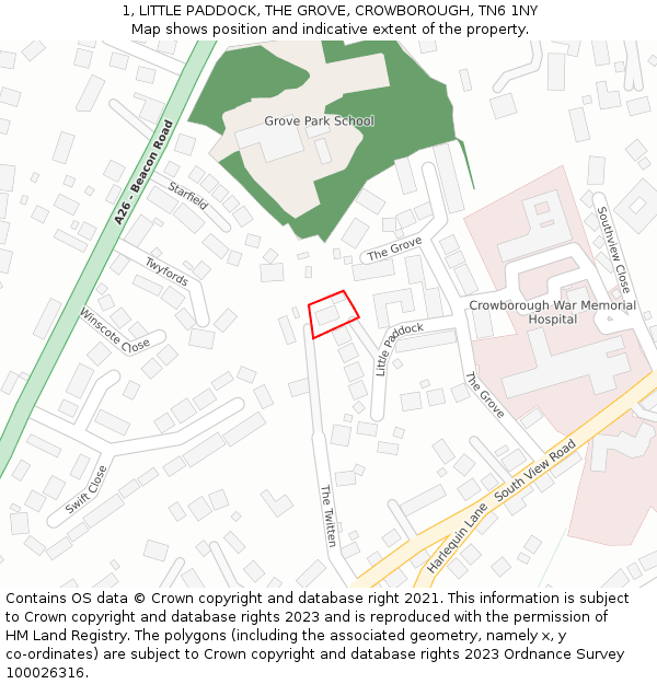 1, LITTLE PADDOCK, THE GROVE, CROWBOROUGH, TN6 1NY: Location map and indicative extent of plot