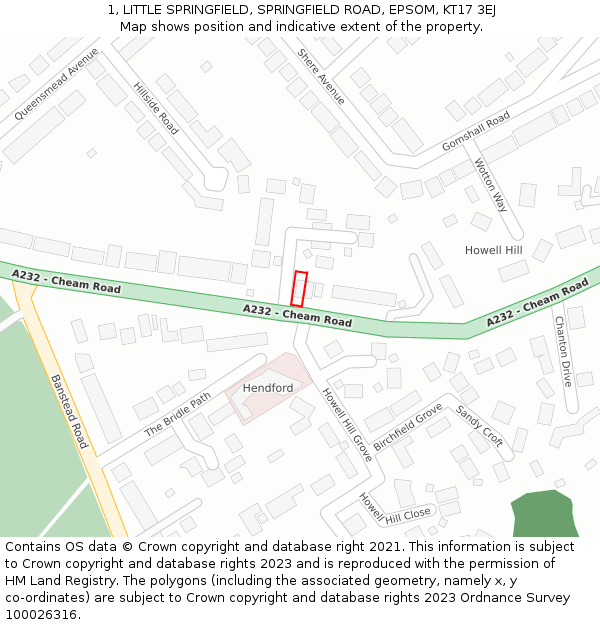 1, LITTLE SPRINGFIELD, SPRINGFIELD ROAD, EPSOM, KT17 3EJ: Location map and indicative extent of plot