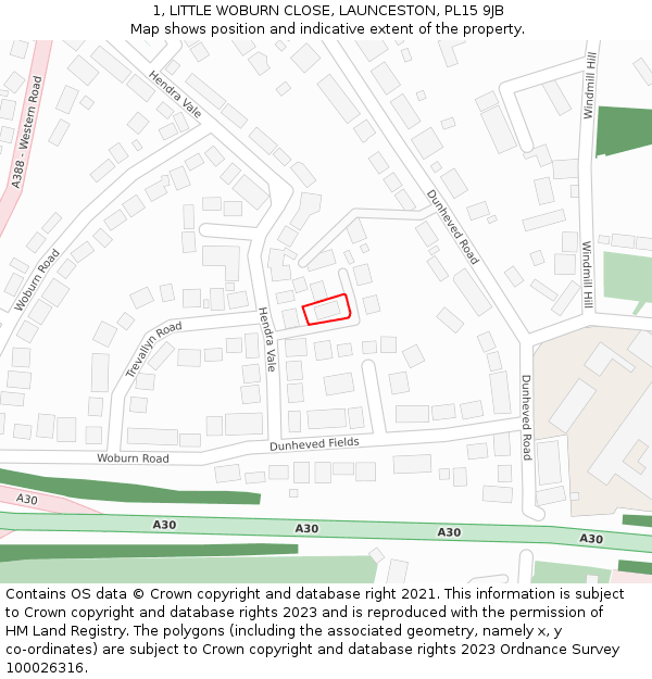1, LITTLE WOBURN CLOSE, LAUNCESTON, PL15 9JB: Location map and indicative extent of plot