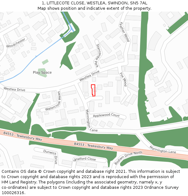 1, LITTLECOTE CLOSE, WESTLEA, SWINDON, SN5 7AL: Location map and indicative extent of plot