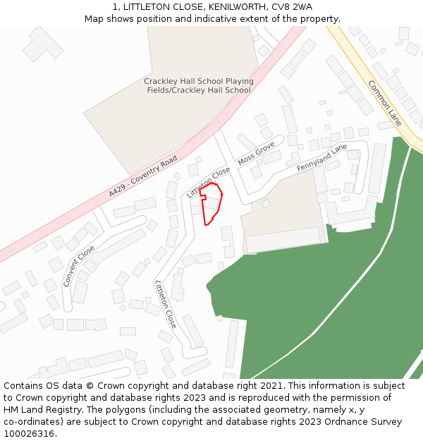 1, LITTLETON CLOSE, KENILWORTH, CV8 2WA: Location map and indicative extent of plot