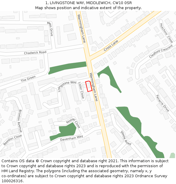 1, LIVINGSTONE WAY, MIDDLEWICH, CW10 0SR: Location map and indicative extent of plot