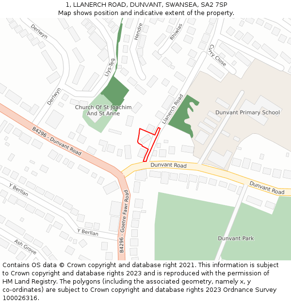 1, LLANERCH ROAD, DUNVANT, SWANSEA, SA2 7SP: Location map and indicative extent of plot