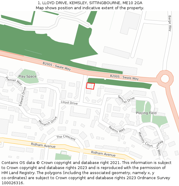 1, LLOYD DRIVE, KEMSLEY, SITTINGBOURNE, ME10 2GA: Location map and indicative extent of plot